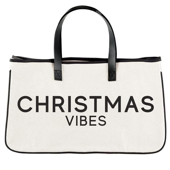 Santa Barbara Tote Bag Cotton Canvas Leather Handles Black/White Christmas Vibes - Picture 5 of 15